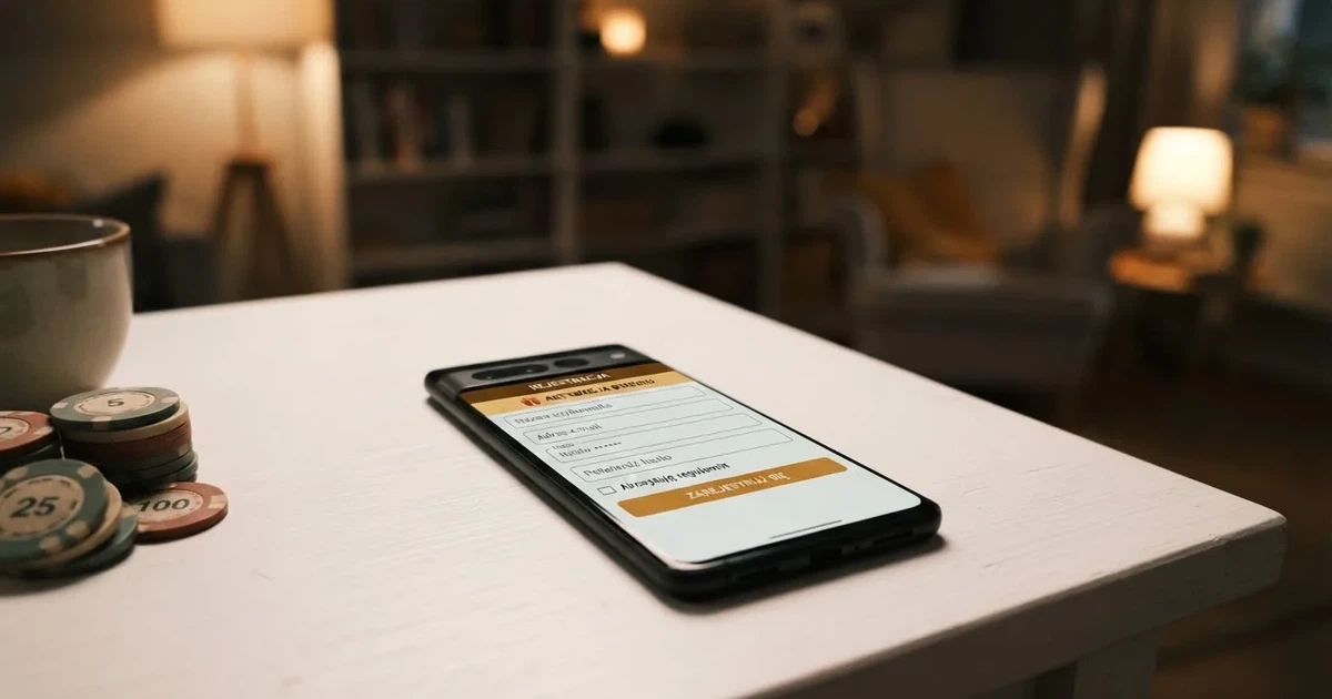 Smartfon z formularzem zakładania konta gracza i zakładką aktywacji środków bonusowych w sekcji konta