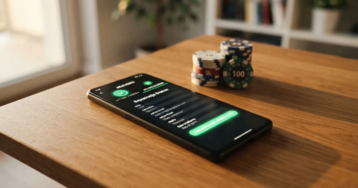 Smartfon z otwartym formularzem zakładania konta gracza i zakładką aktywacji środków bonusowych w sekcji Moje Konto