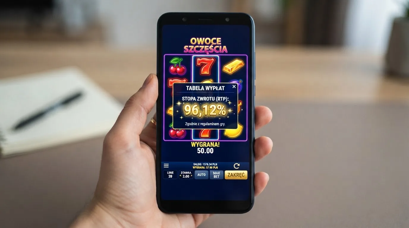 ekran automatu online z otwartą tabelą wypłat pokazującą wartość procentową RTP