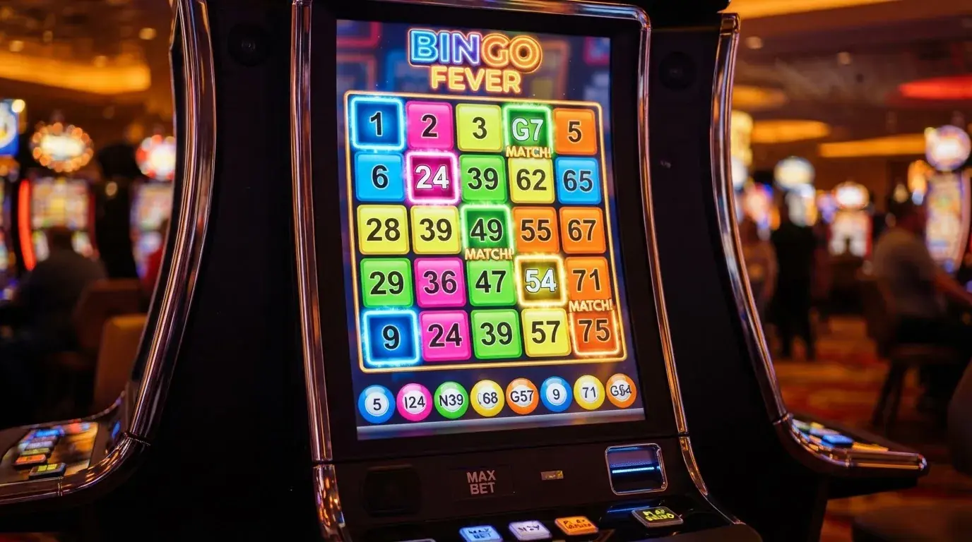 Ekran automatu do gry z kolorową planszą w stylu bingo i podświetlonymi liczbami