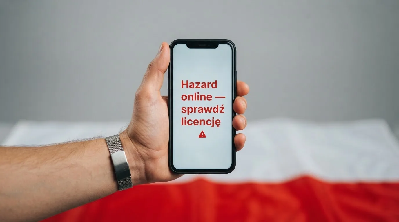 Dłoń trzymająca telefon z widocznym komunikatem ostrzegawczym o legalności hazardu online na tle biało-czerwonej flagi Polski.
