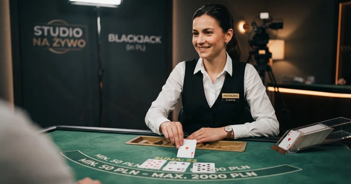 Krupier rozdający karty przy stole blackjacka na żywo w kasynie online