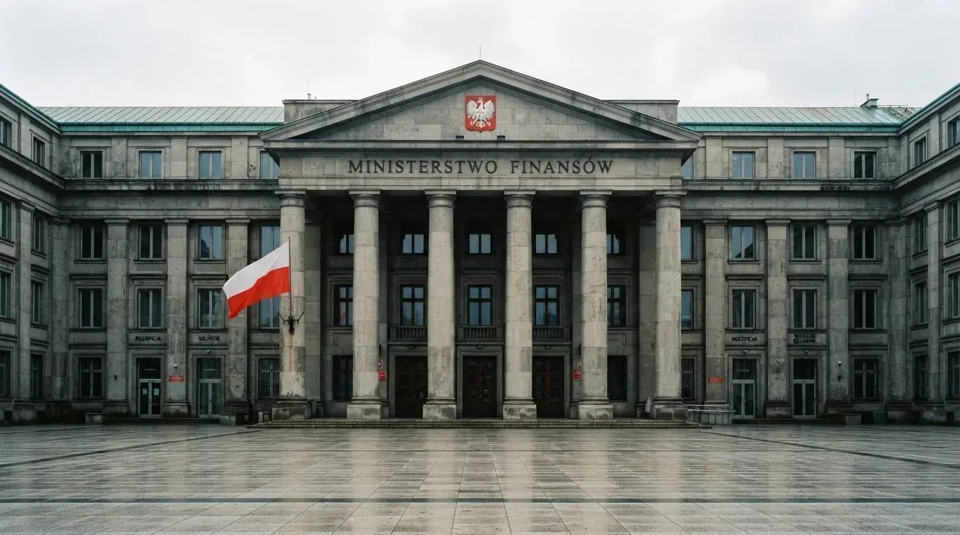 Fasada budynku instytucji państwowej z flagą Polski, symbol nadzoru regulatora nad rynkiem gier hazardowych