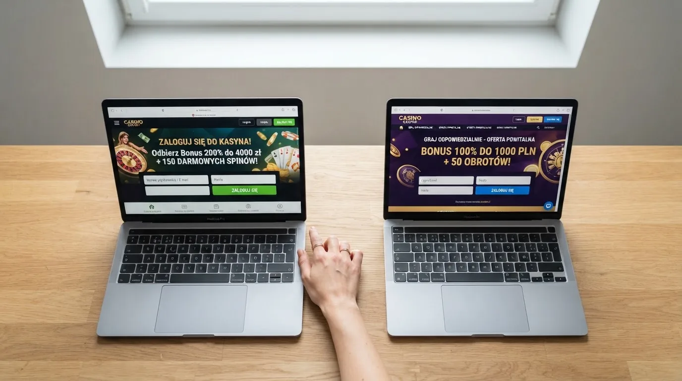 Dwa ekrany logowania kasyna online obok siebie na biurku, jeden z polskim interfejsem złotówkowym, symbolizujące porównanie dwóch różnych serwisów