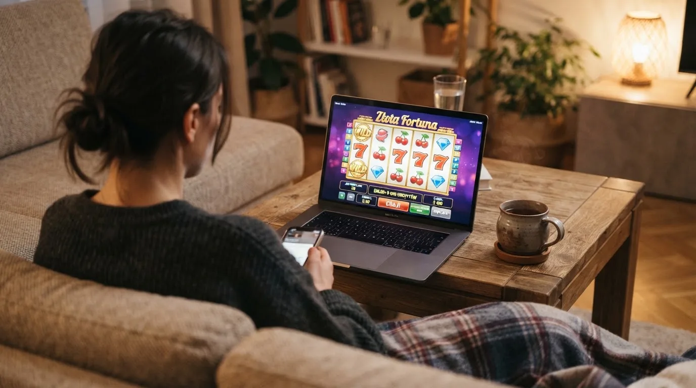 Ekran laptopa z automatem w trybie demo i saldem wirtualnych kredytów, obok kubek herbaty na stole w salonie