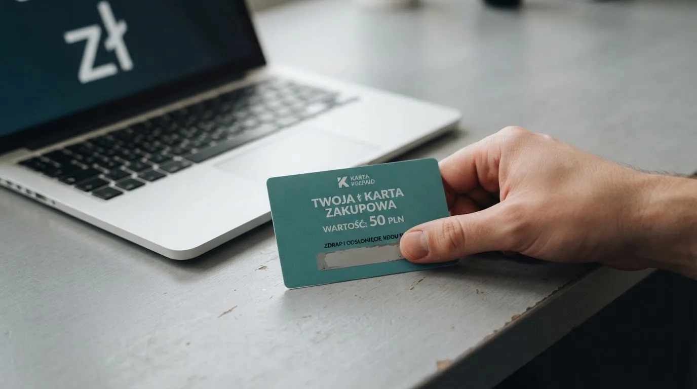 Karta przedpłacona Paysafecard z zasłoniętym polem kodu PIN obok klawiatury laptopa