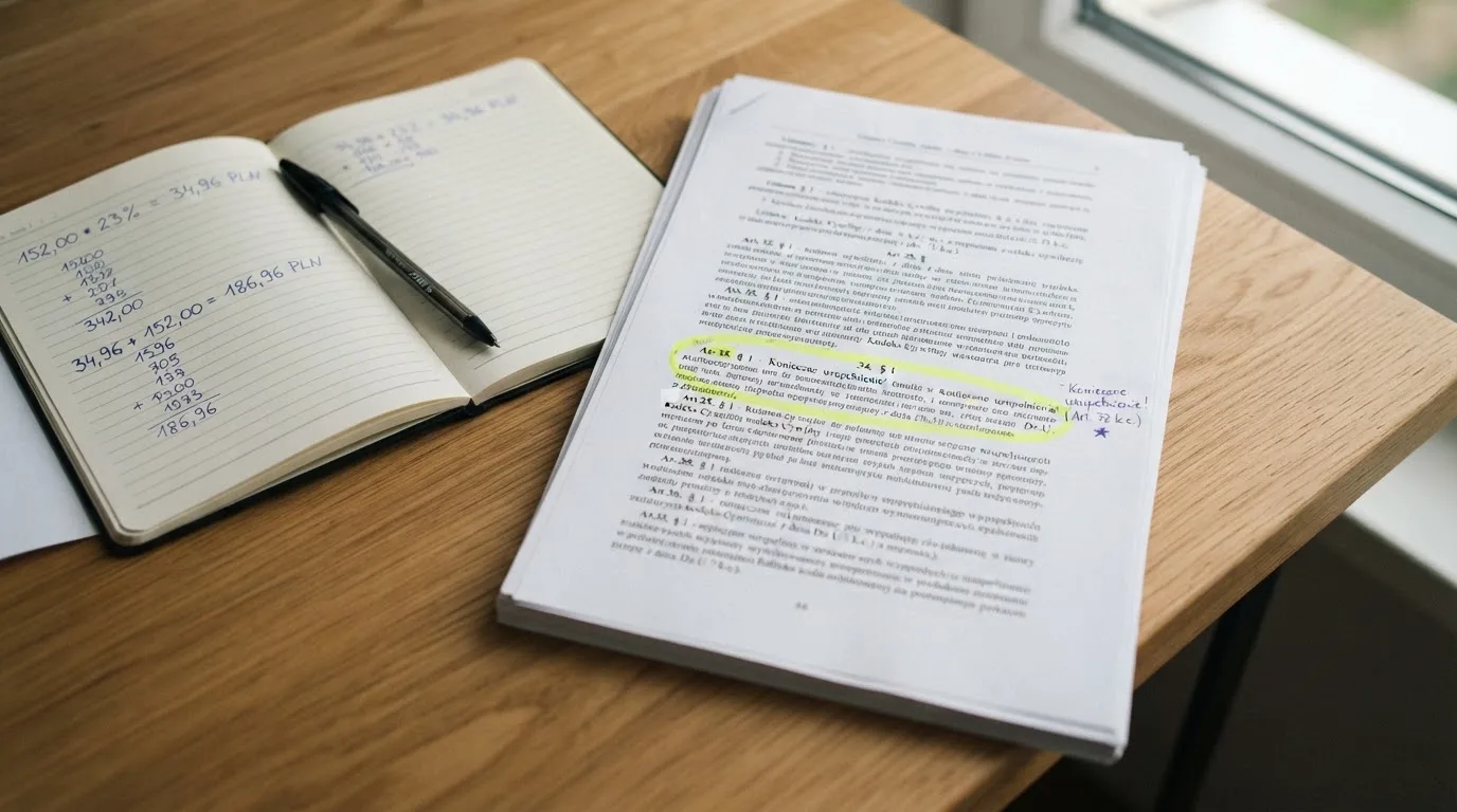 Wydruk kodeksu karnego skarbowego z zakreślonym artykułem obok kalkulatora i długopisu na biurku