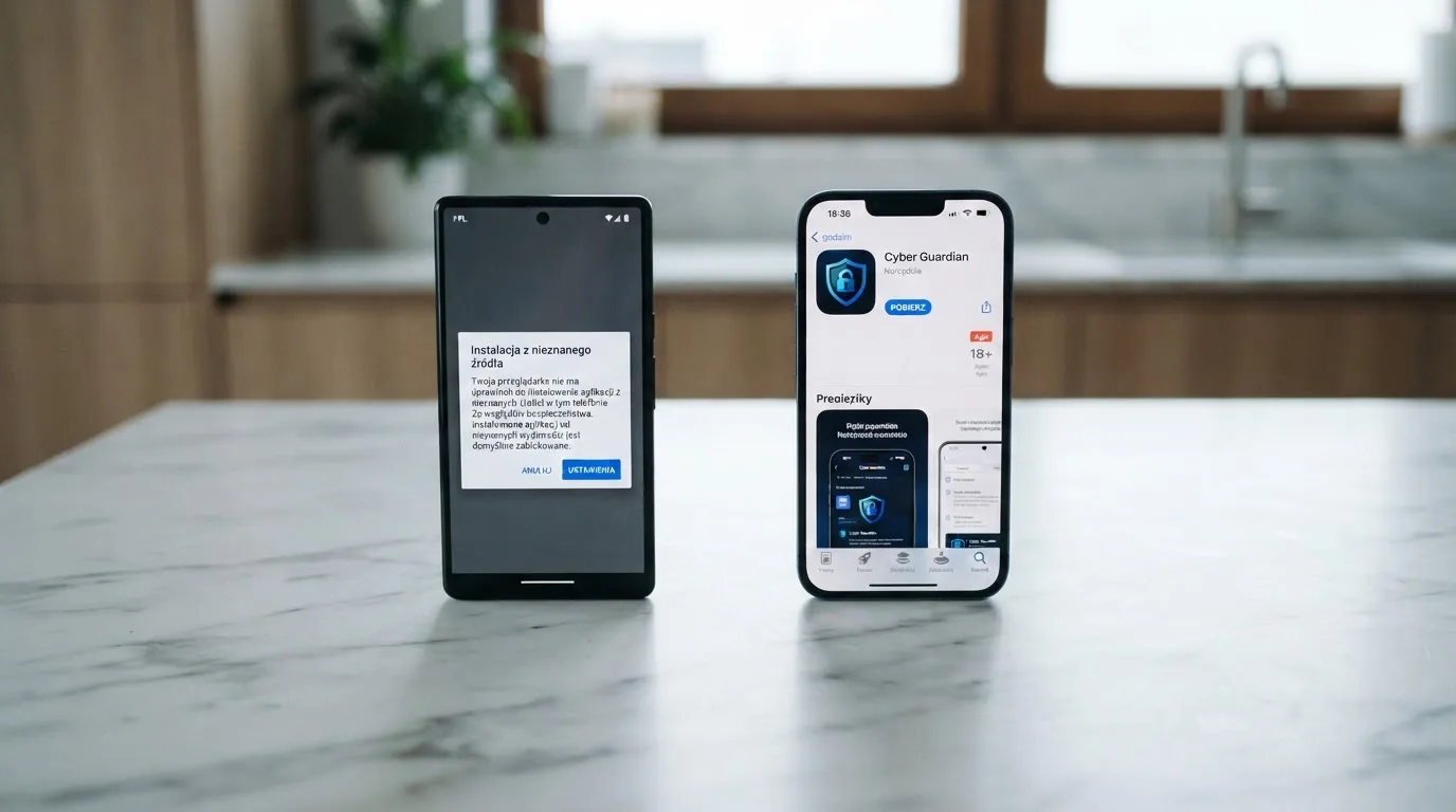 Dwa telefony obok siebie: na jednym komunikat zgody na instalację pliku APK z nieznanego źródła, na drugim strona aplikacji w sklepie z przyciskiem pobierania