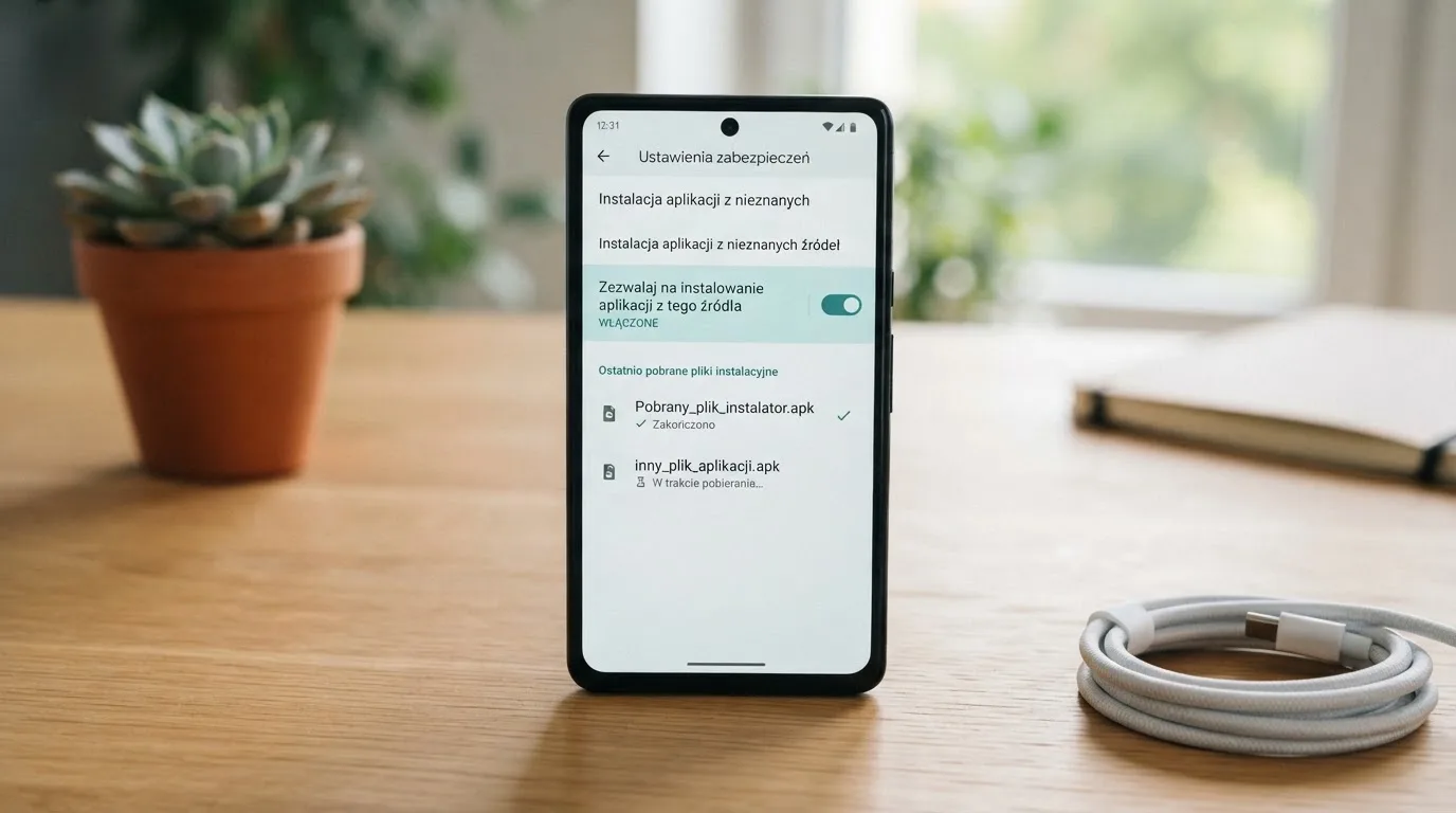 Ekran ustawień Androida z przełącznikiem zgody na instalację aplikacji z nieznanego źródła i pobranym plikiem instalacyjnym na liście