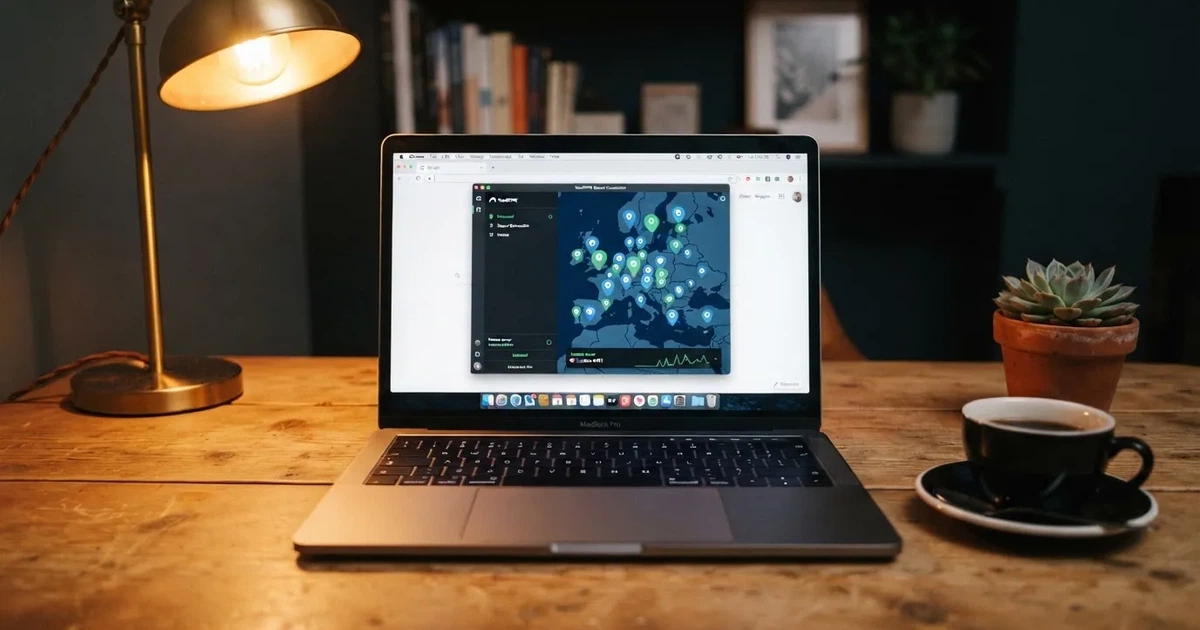 Laptop na biurku z włączoną aplikacją VPN i mapą serwerów w kilku krajach obok otwartej przeglądarki