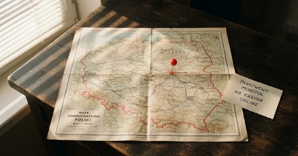 Mapa Polski rozłożona na biurku z jedną czerwoną pinezką wbitą w Warszawę i kartką z odręcznym dopiskiem o monopolu państwa