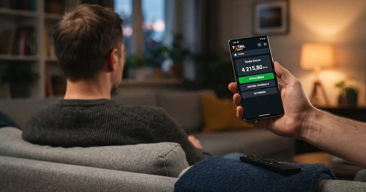 Dorosły mężczyzna na kanapie trzyma smartfon z Androidem, na ekranie saldo konta gracza w złotych obok przycisku wypłaty