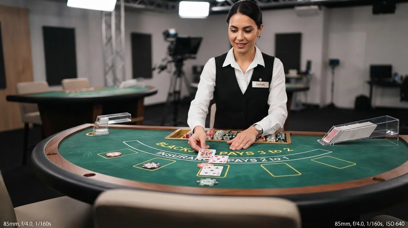 Krupier rozdający karty przy stole blackjacka podczas transmisji na żywo