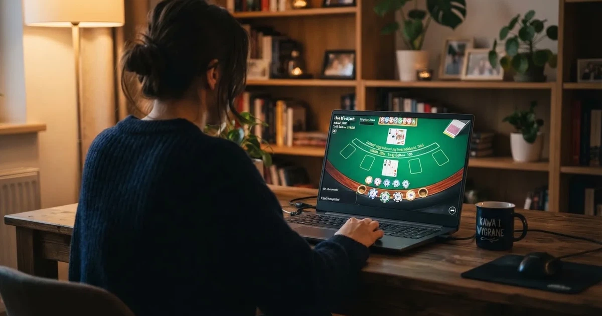 Gracz przy laptopie czyta krótkie wyjaśnienie, czym jest kasyno na żywo