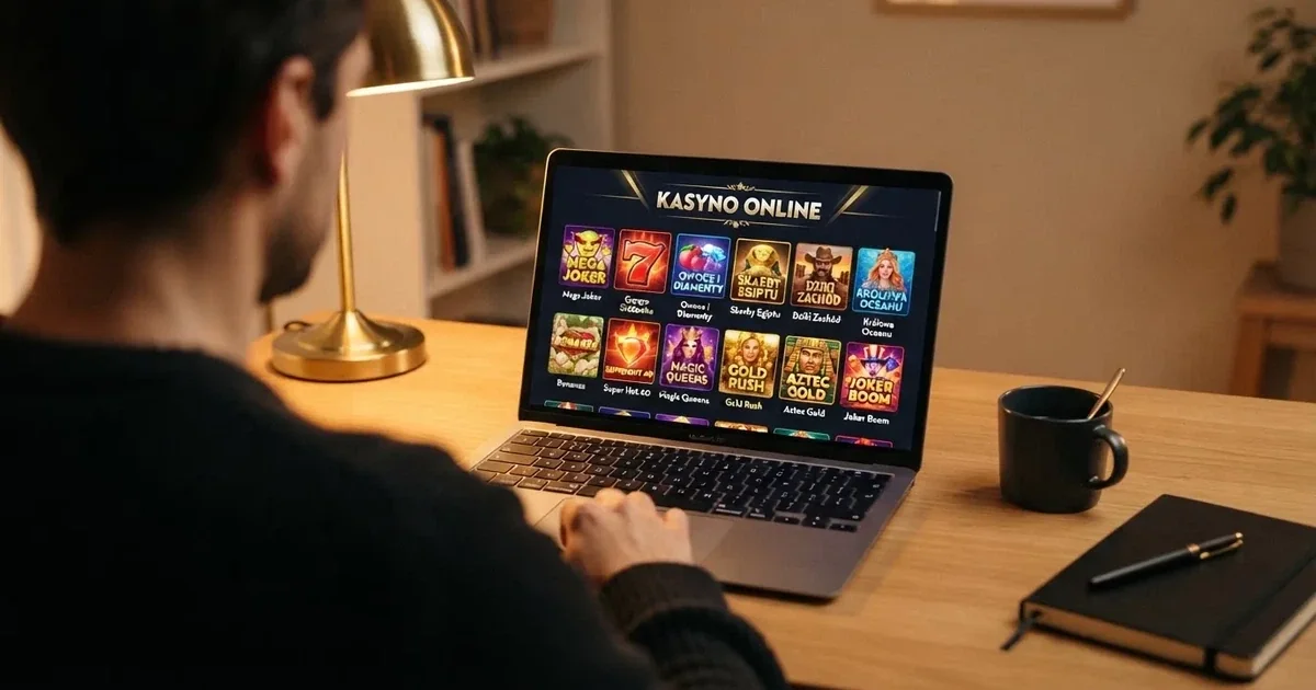 widok lobby wirtualnego kasyna na ekranie laptopa z rzędami ikon gier automatów
