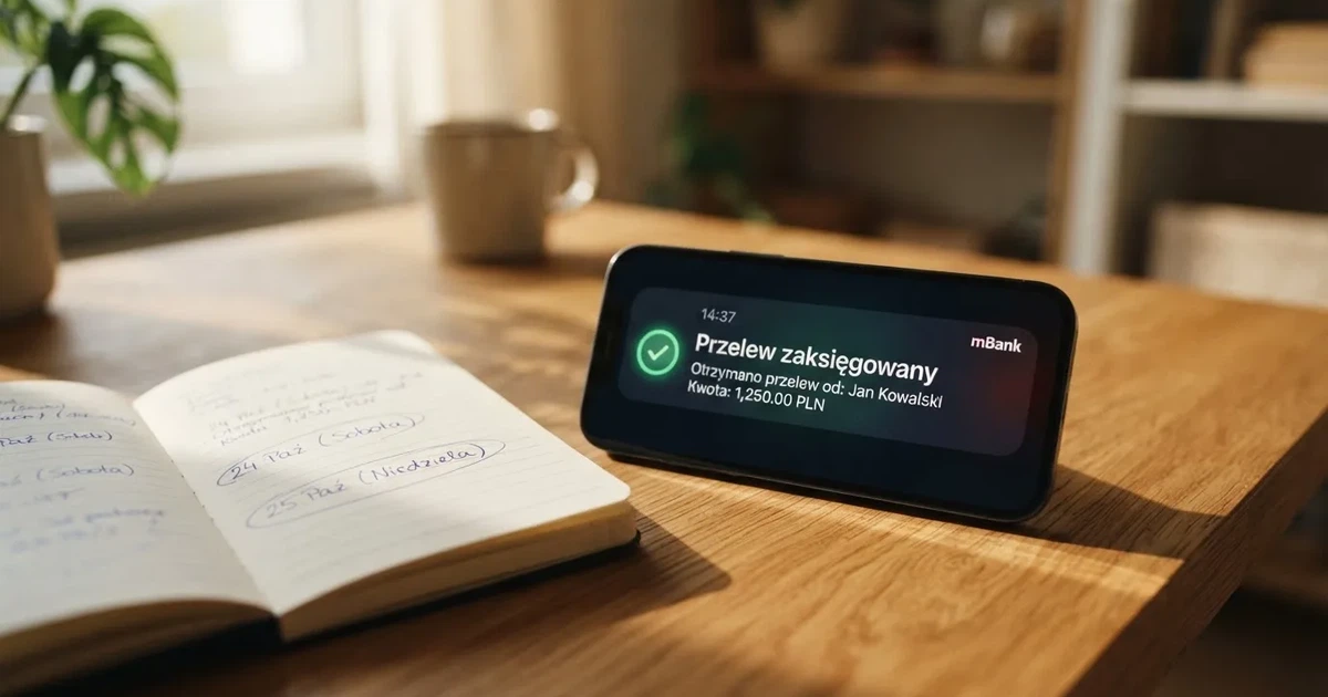 Smartfon z powiadomieniem o zaksięgowanym przelewie przychodzącym, obok papierowy kalendarz z zakreśloną sobotą i niedzielą