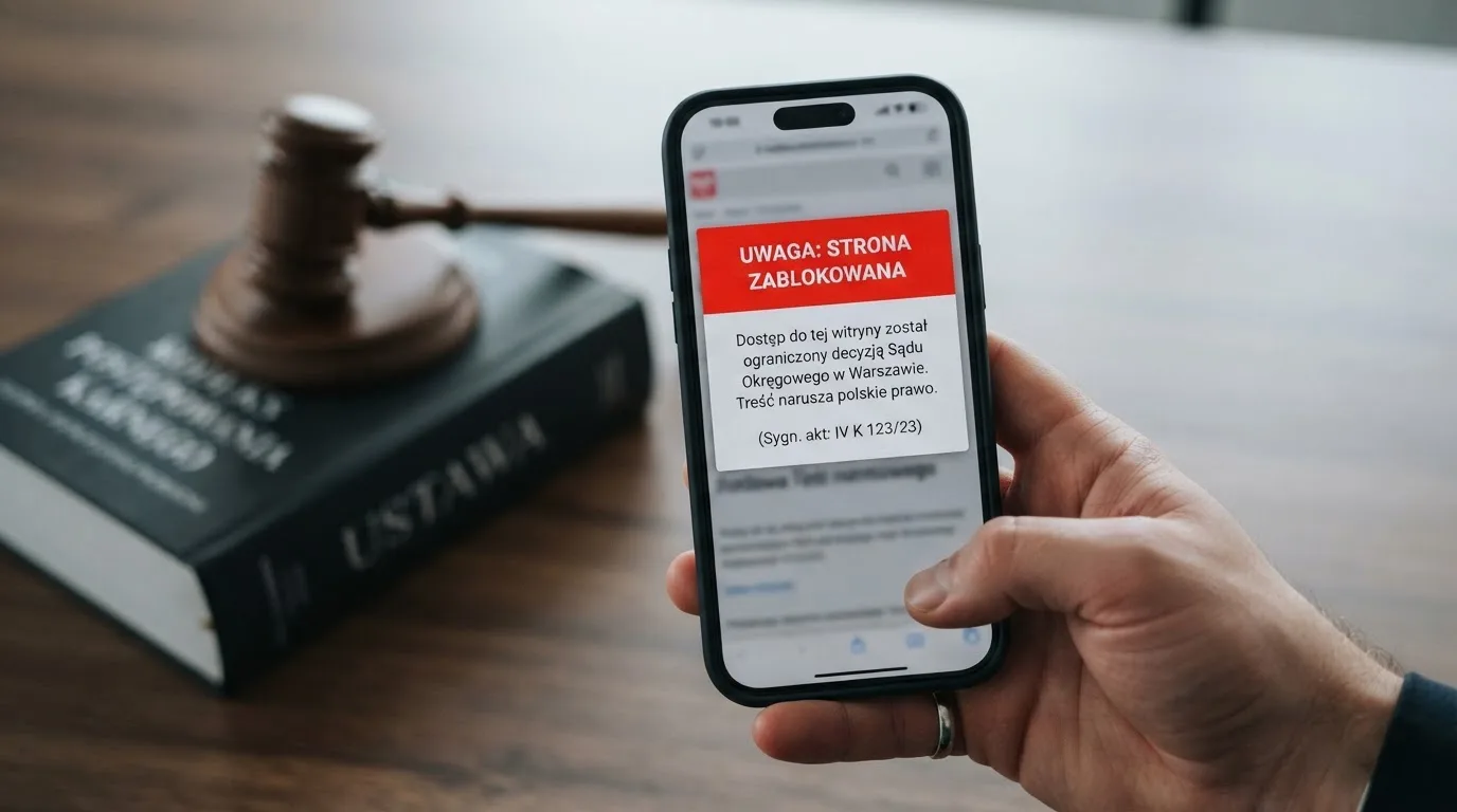 Dłoń trzymająca smartfon z komunikatem o zablokowanej stronie, w tle drewniany młotek sędziowski i kodeks