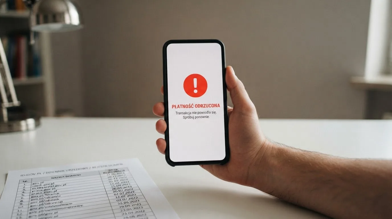 Telefon z komunikatem o odrzuconej płatności na ekranie, obok wydruk tabeli z listą zablokowanych adresów stron