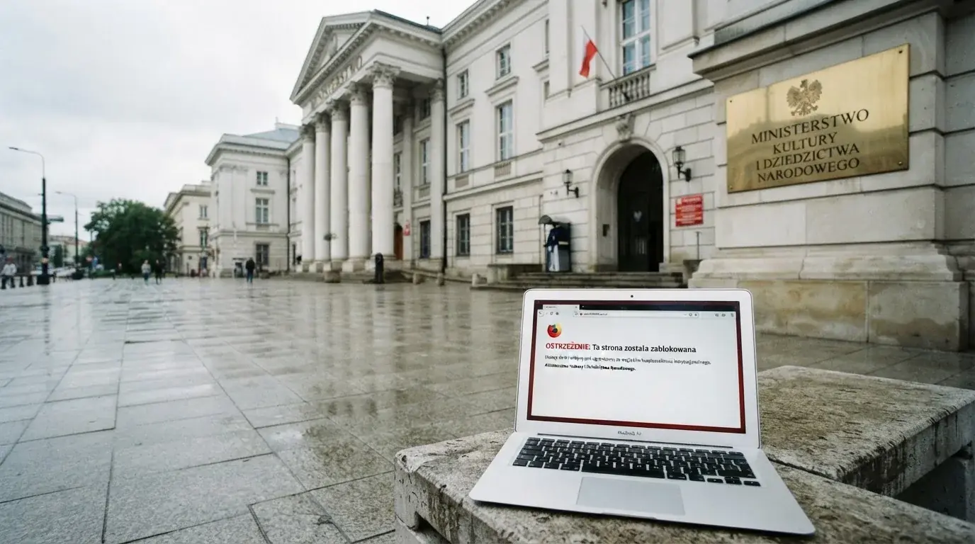 Budynek urzędu z tablicą ministerstwa, na pierwszym planie laptop z komunikatem o zablokowanej stronie kasyna