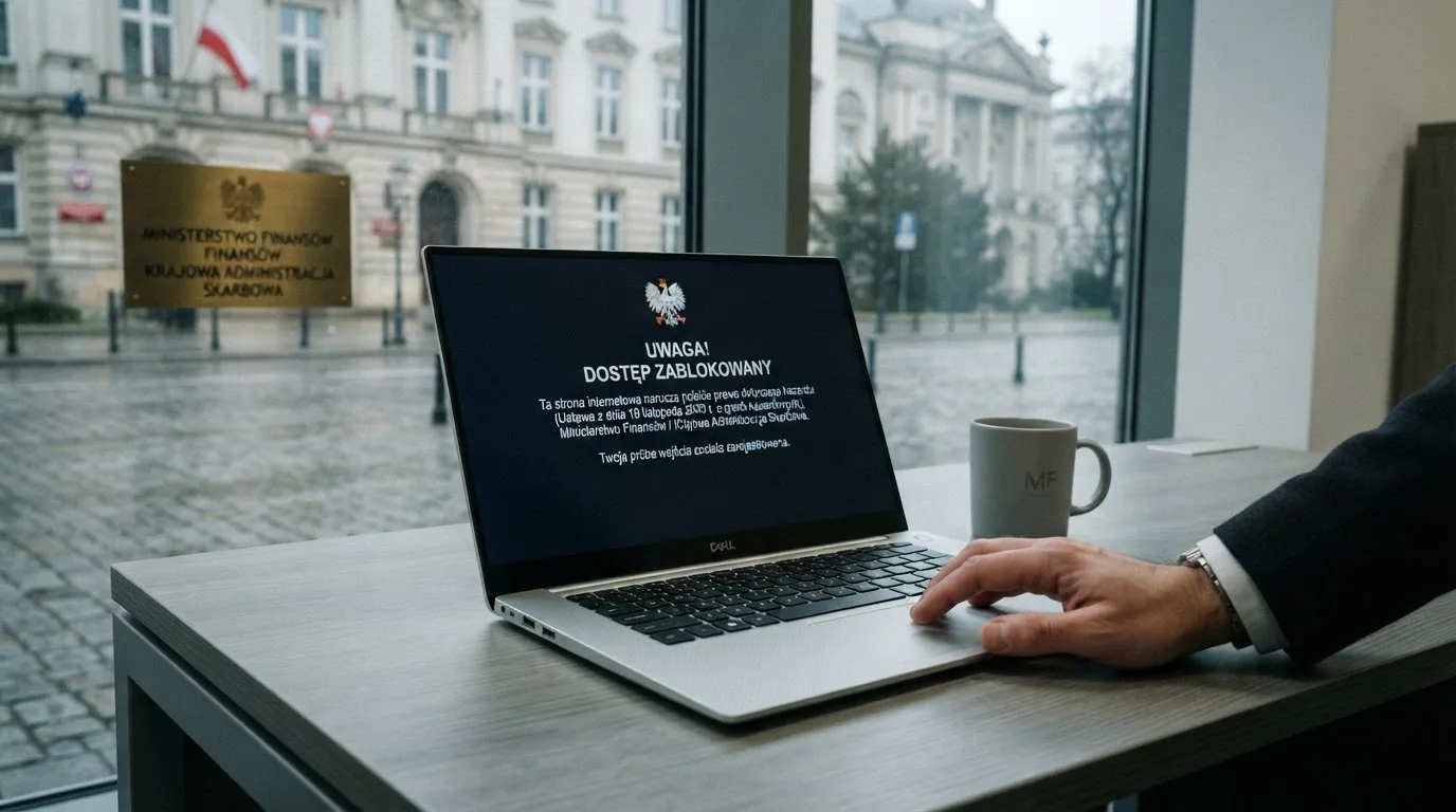 Laptop z komunikatem o zablokowanej stronie hazardowej, w tle budynek urzędu z tablicą ministerstwa