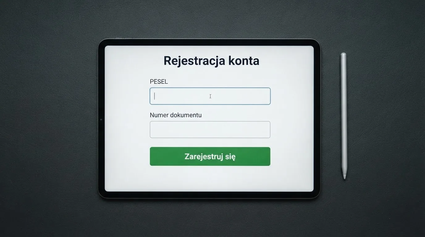 Formularz rejestracji konta gracza z polami na PESEL i numer dokumentu tożsamości na ekranie tabletu