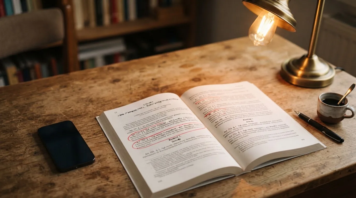 Wydruk ustawy o grach hazardowych z zakreślonymi artykułami leżący na biurku obok wyłączonego smartfona