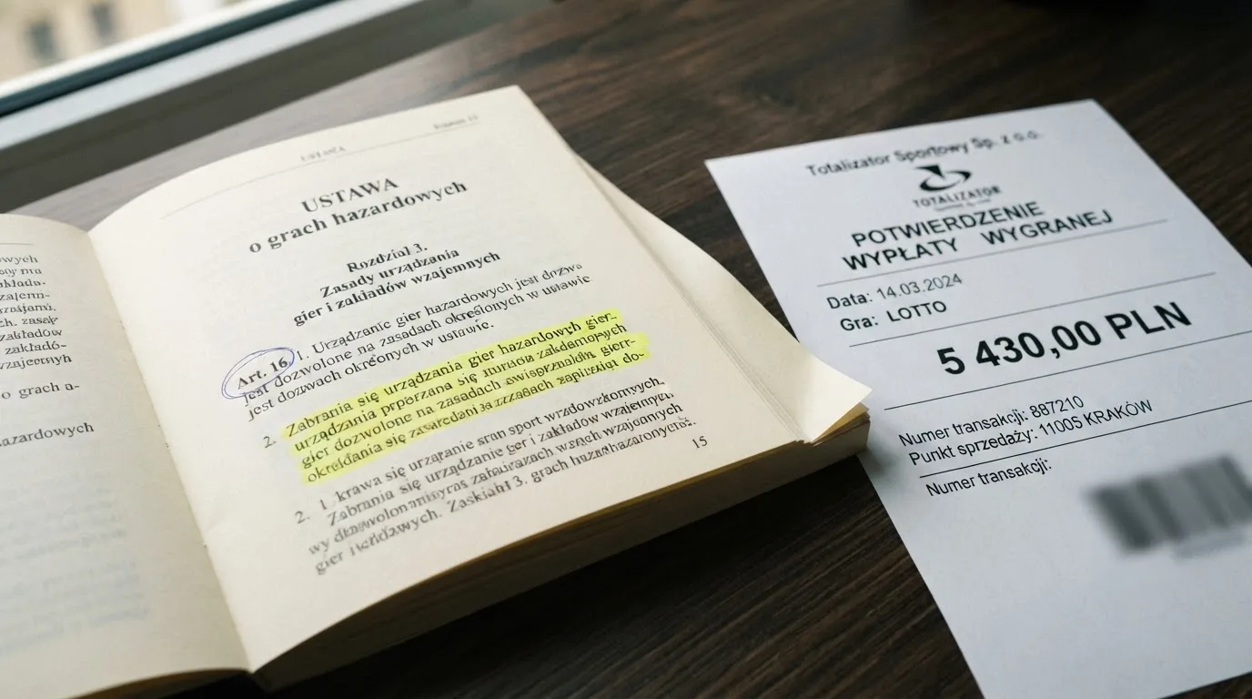 Otwarty tekst ustawy o grach hazardowych z zakreślonym artykułem, obok wydruku potwierdzenia przelewu wygranej