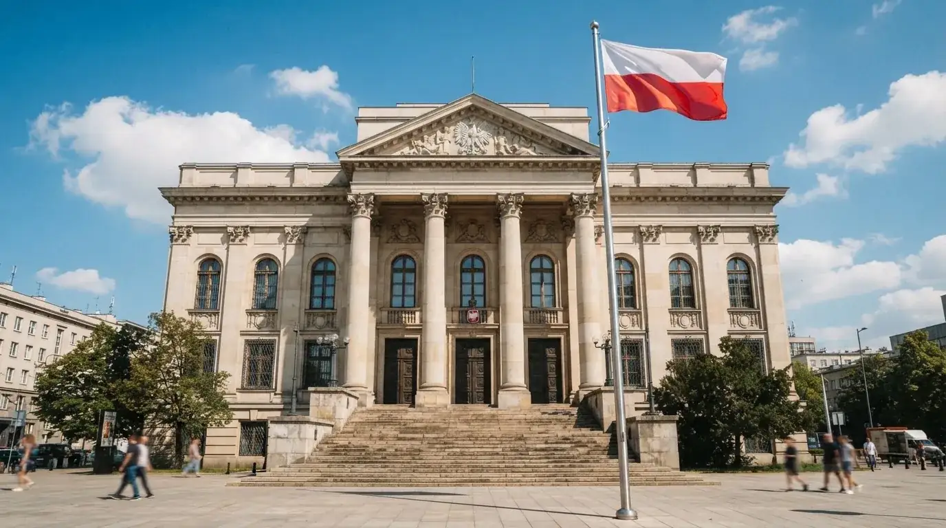 Budynek urzędu administracji państwowej z flagą Polski na maszcie w tle