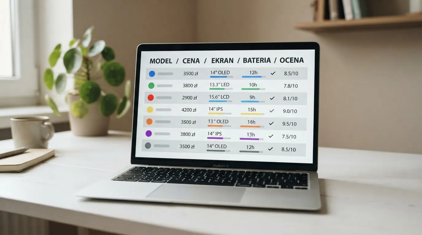 Ekran laptopa z tabelą porównawczą kilku serwisów kasynowych, bez widocznych logotypów marek