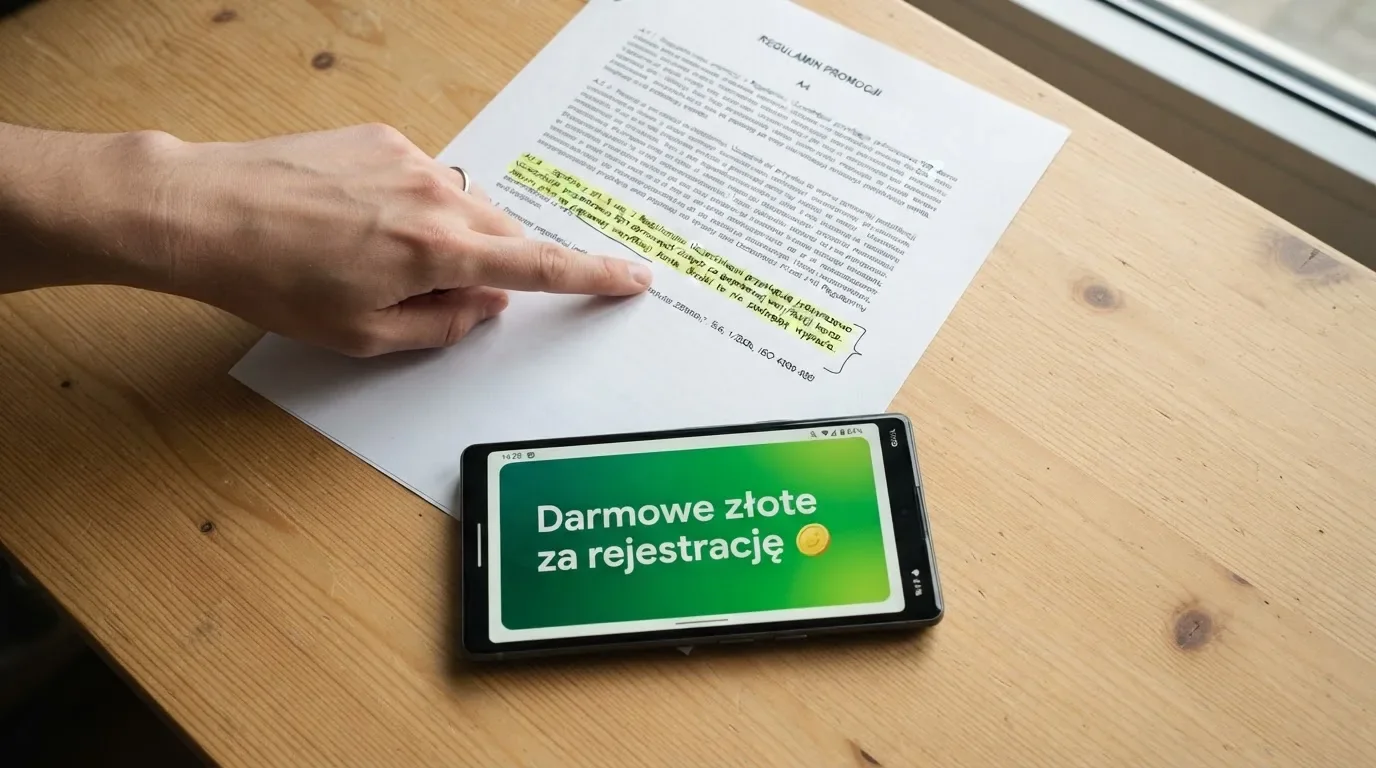 Telefon z banerem obiecującym darmowe złotówki za założenie konta, obok wydrukowany tekst ustawy o grach hazardowych z zaznaczonym artykułem