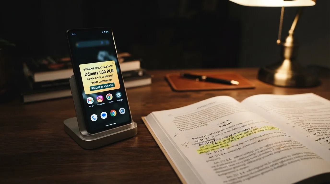 Telefon z wyskakującym banerem obiecującym darmowe złotówki za rejestrację, obok wydruk ustawy o grach hazardowych