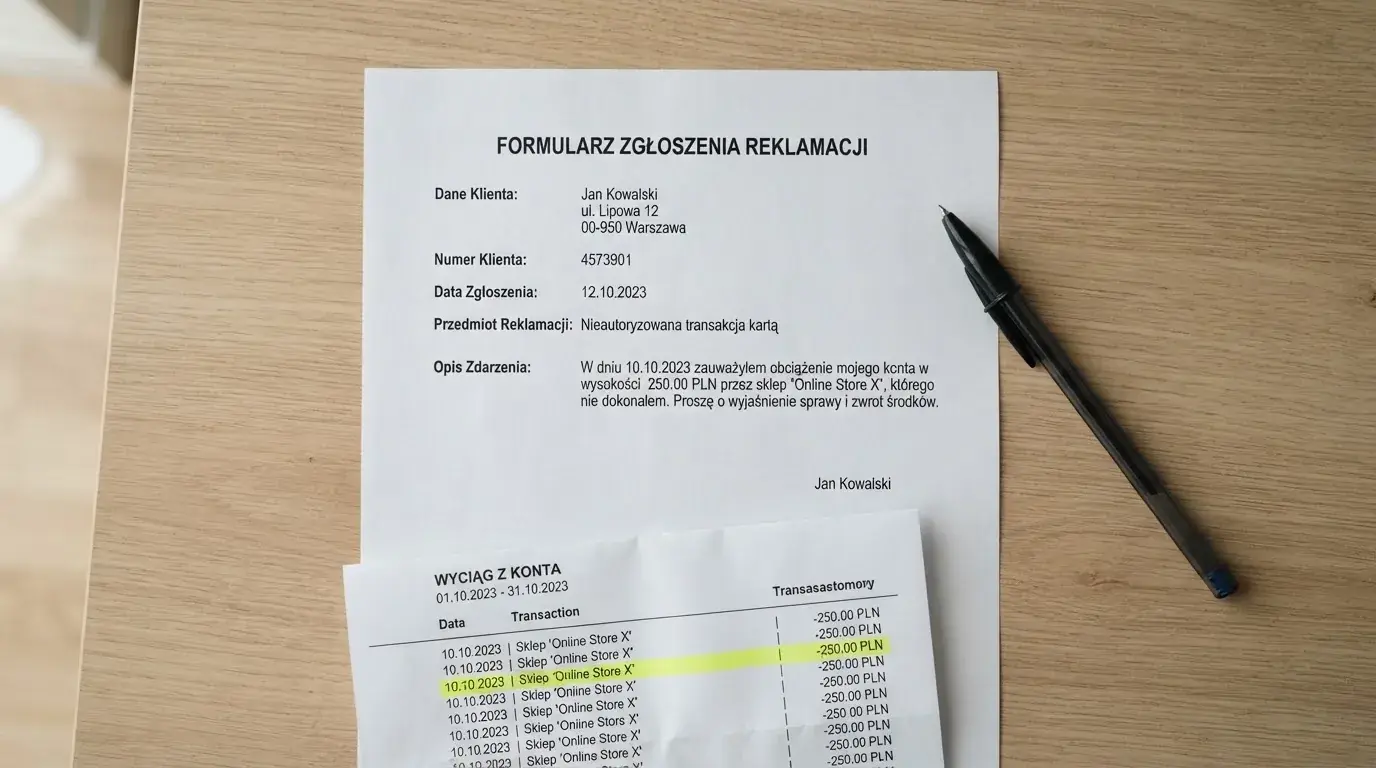Wydrukowany formularz reklamacji leżący na biurku obok długopisu i wyciągu bankowego z zakreśloną pozycją