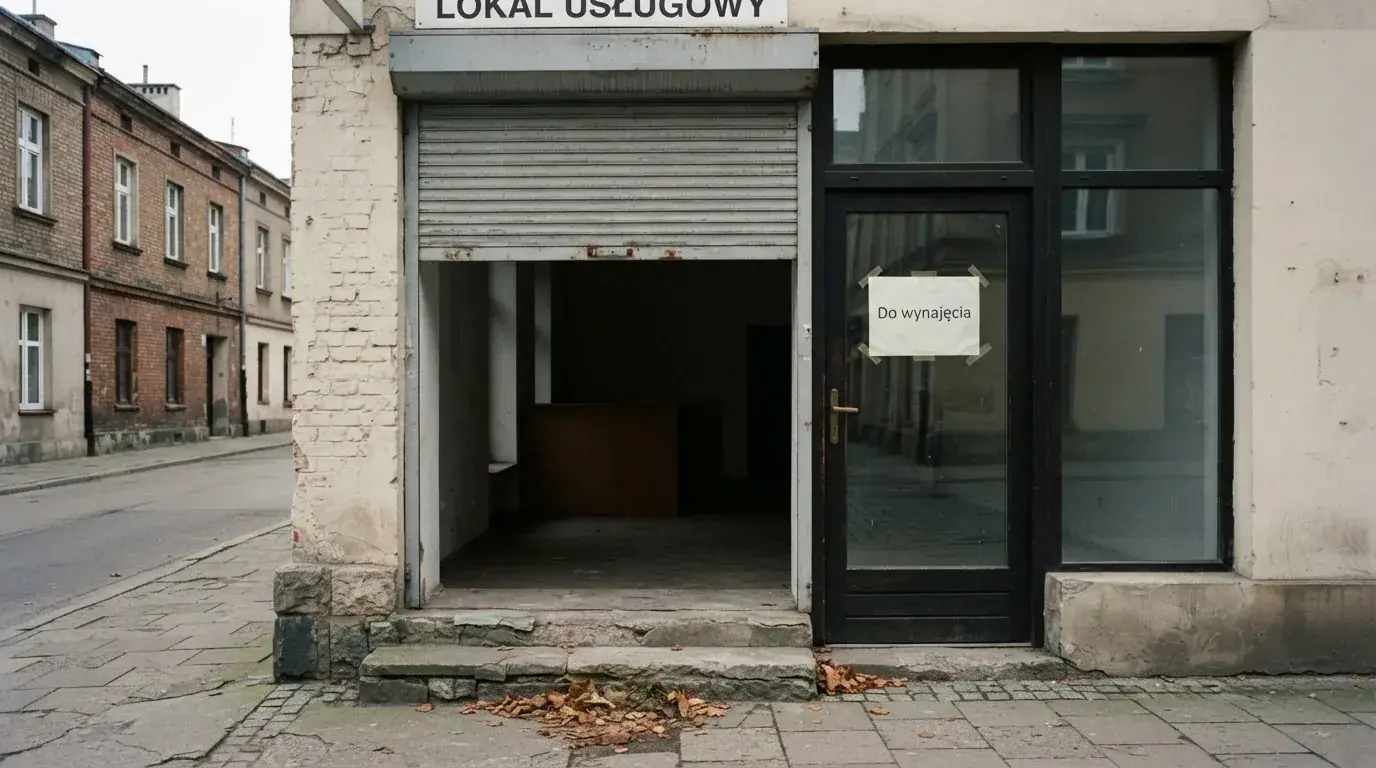 Pusty, zamknięty lokal handlowy z tabliczką „do wynajęcia”, symbolizujący brak działających salonów gry bingo pieniężne