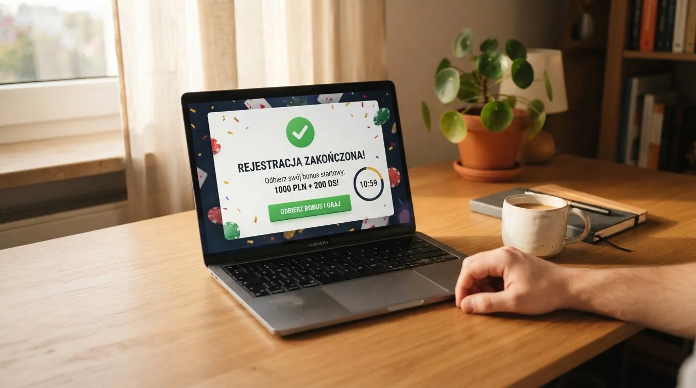 Ekran potwierdzenia założenia konta gracza w kasynie internetowym z komunikatem o bonusie startowym bez wpłaty