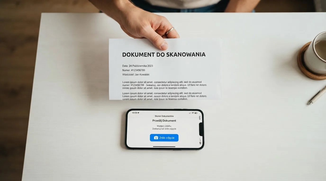 Dłoń trzymająca dowód osobisty nad smartfonem z otwartym formularzem przesyłania zdjęcia dokumentu