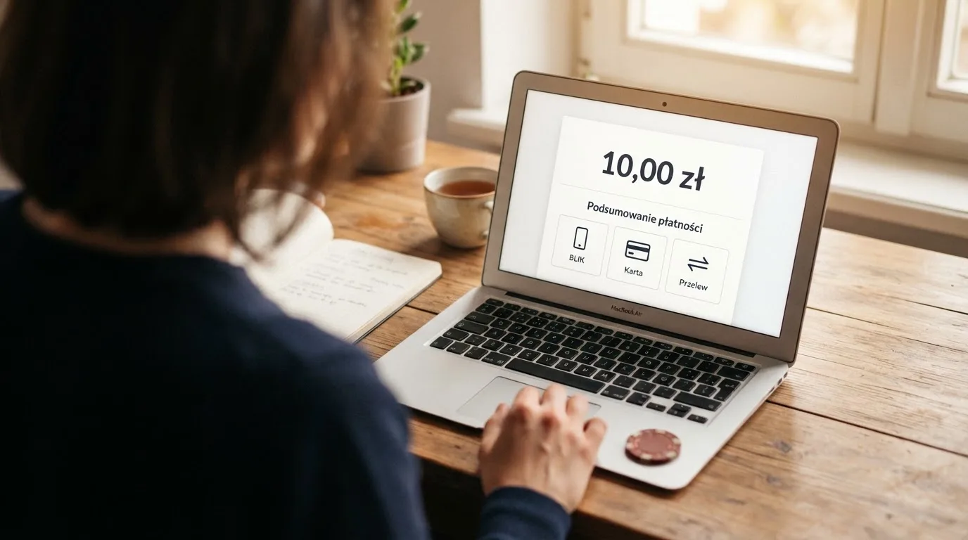 Laptop z otwartym oknem wpłaty na kwotę 10 zł i listą metod: BLIK, karta płatnicza, szybki przelew